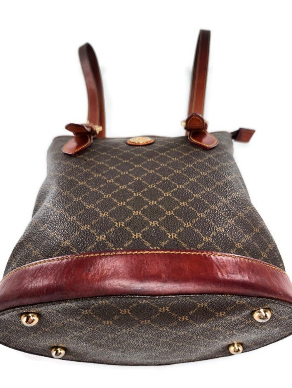Rioni Brown Coated Canvas Gold Monogram Pattern & Leather Shoulder Bucket Bag - Picture 3 of 14